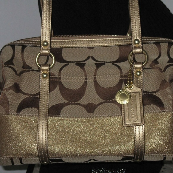 STUNNING VINTAGE PRISTINE METALLIC COACH KHAKI SIGNATURE GOLD  SATCHEL HANDBAG - Picture 8 of 13